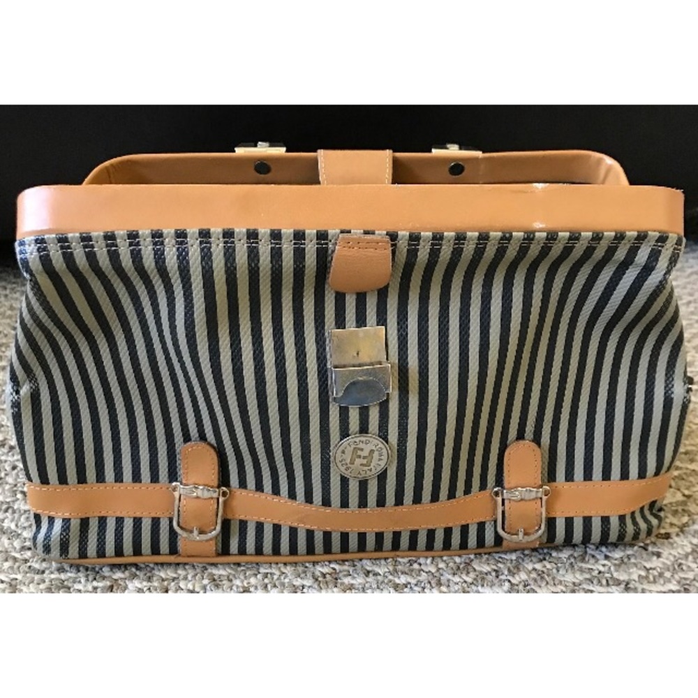 Fendi Striped Navy and Tan Top-Handle Doctor Bag - Picture 2 of 6